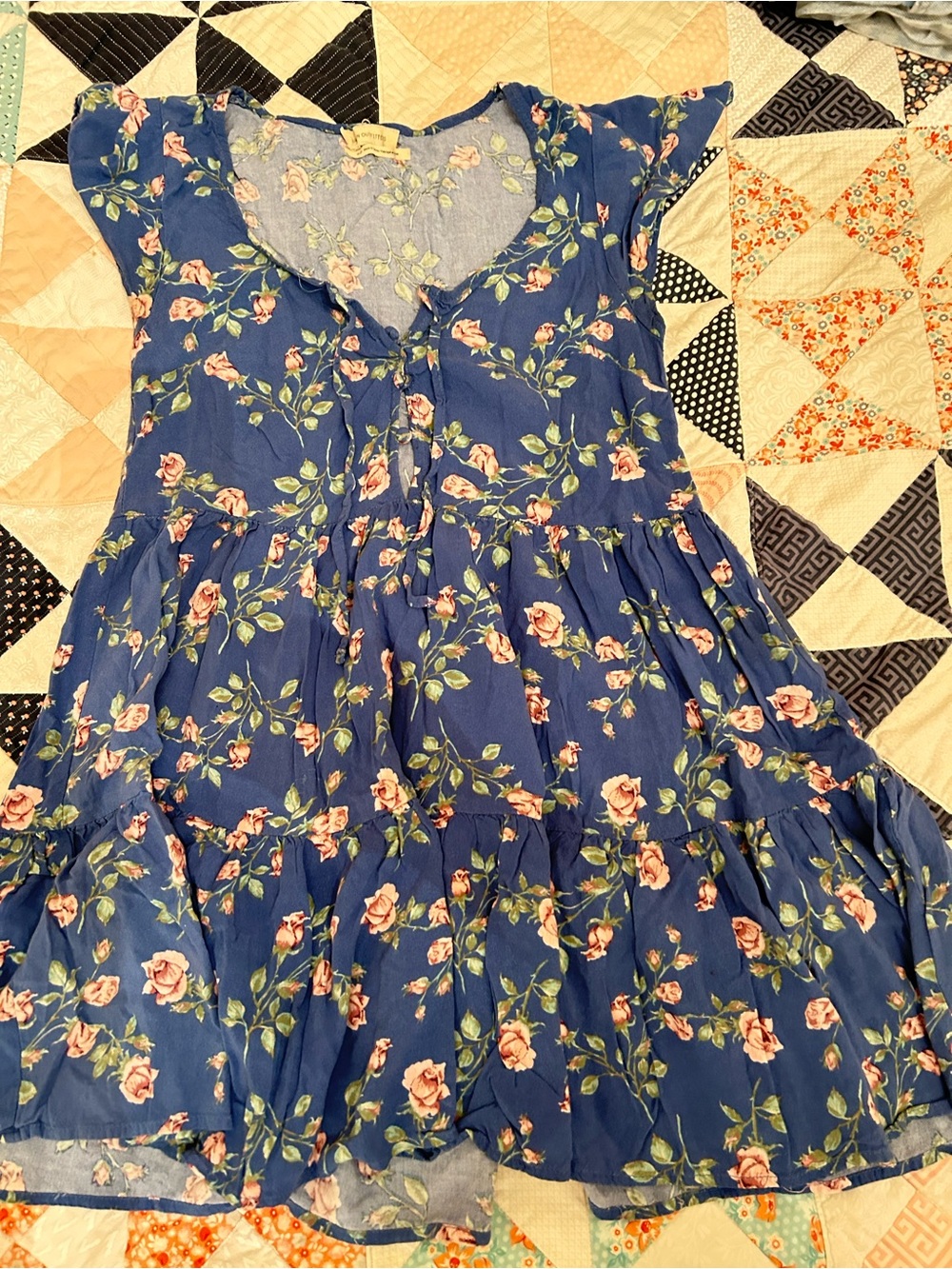 Urban Outfitters Blue Floral Tiered Dress with Pink Roses